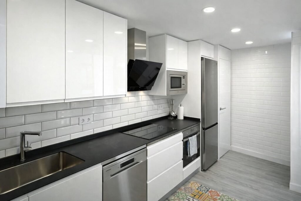 Cocina blanca con encimera negra y electrodomésticos de acero inoxidable en Leganés