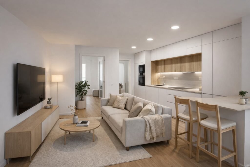 reforma integral de vivienda en Leganés con salón moderno y acabados actuales