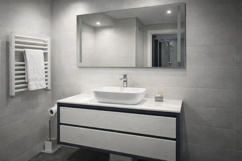 Baño blanco y negro con mueble de 120 cm en Leganés