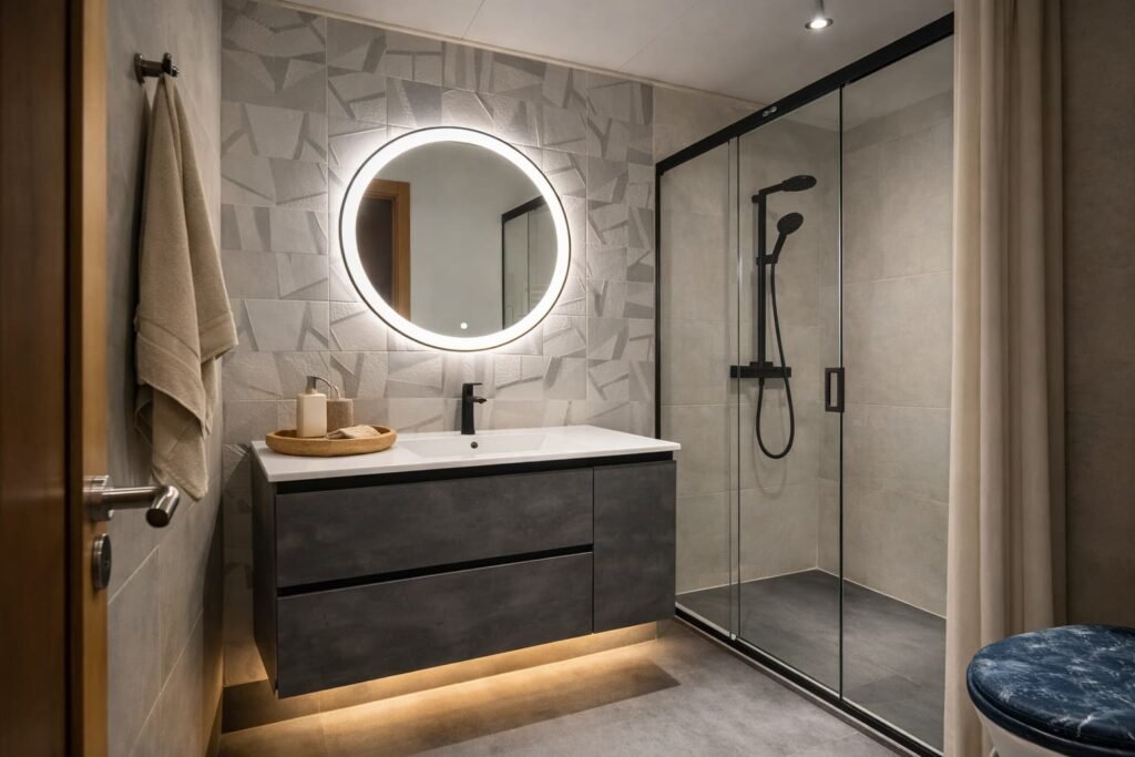 Baño moderno oscuro reformado en Leganés