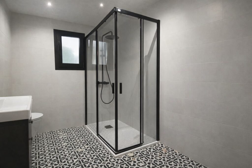 Mampara negra minimalista en esquina en baño de Leganés
